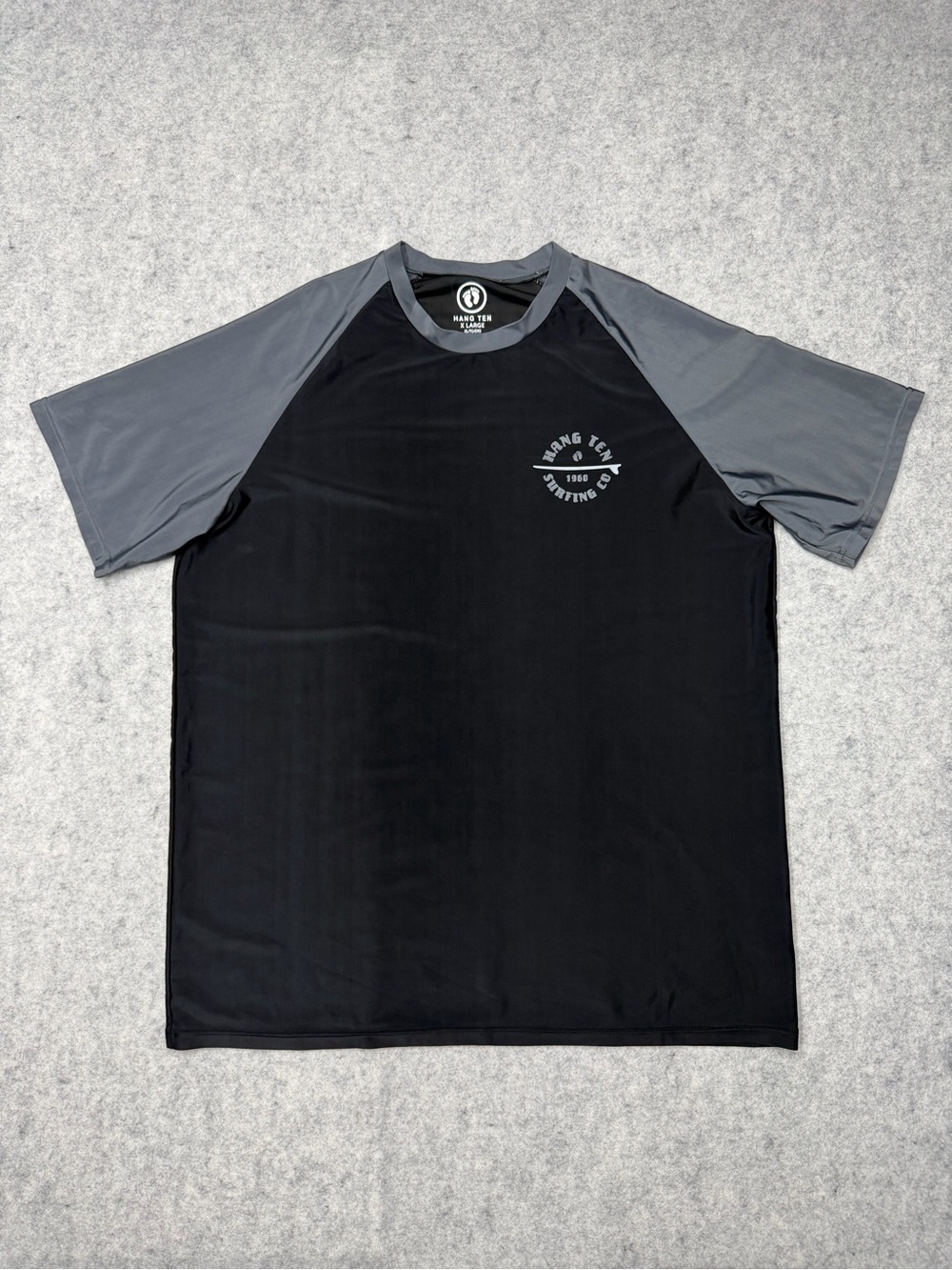 Hang Ten Rash Guard Shirt Mens XL Black Gray Surf Short Sleeve Graphic Swim Top
